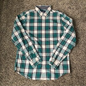 Men’s American Eagle Button Up Shirt, Large Tall, Blue Green Plaid Long Sleeve